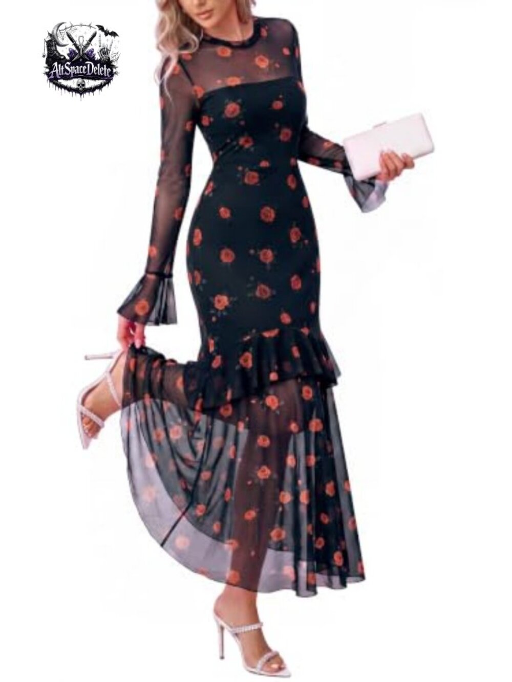 Long Sleeve Maxi Floral Dress Crew Neck Tiered Mesh Semi-Formal